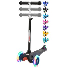 ChromeWheels Scooter for Kids, Deluxe 4 Adjustable Height 3 Wheels Glider with Kick, Lean to Steer with LED Flashing Light, Black
