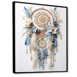 DesignQ Dream catcher Black Framed Wall art decor, Dream catcher Wall Art, Tranquil White And Blue Dreamcatcher, beige Large Canvas wall art, 12x20 inches