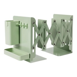 Adjustable Bookends, 2 Dividers, Non-Skid Heavy Duty Book Ends, Telescopic Book Organizer Rack Extends Up to 45cm, Metal Bookends for Home Office School Library (green)