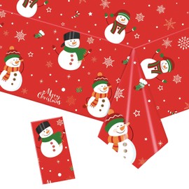 POPOYU Christmas Table Cloth Party Disposable Tablecloths,Red and Snowman Table Covers,137x274cm Rectangle Large Plastic Tablecloth Party for Picnic,Baby Shower,Xmas Party,Christmas Table Decorations