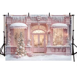 AIBIIN Christmas Backdrop Sweet Candy Store Snow Xmas Tree Pink House Photograph Background for Kids Family Portrait Decor Photography Photo Props 7x5ft