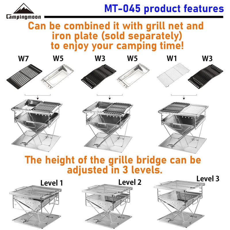 Campingmoon BBQ Grill Fire Pit Foldable Stainless Steel - Large