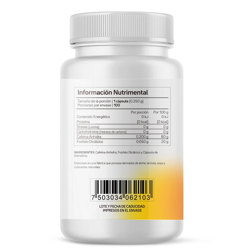 Cafeína 100 cápsulas con 200 mg de Cafeína anhidra c/u,
