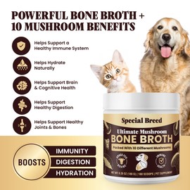Beef Bone Broth for Dogs - Dog Bone Broth Powder with Ten Organic Mushrooms - High Protein + Ten Mushroom Supplement for Joint Flexibility, Immune Support, Cognition, Vitality, Hydration - 180 Scoops