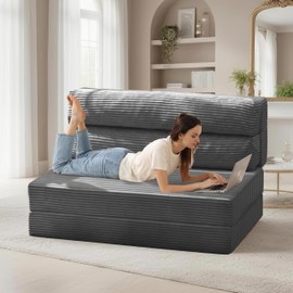 feliz home Folding Sofa Bed, Convertible Loveseat Sleeper Chair with Pillow, 2-in-1 Pull Out Floor Couch Mattress for Living Room, Corduroy Foldable Portable Bed for Bedroom Studio,Grey,Twin
