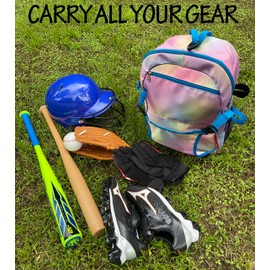 Aozora Youth Tball and Baseball Backpack Bag Lightweight Baseball Bag Hold Bats, Helmet, Glove, Caps, Valuables Pocket, Fence Hook (Colorful)