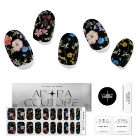 Adora Couture Semi Cured Gel Nail Strips |20pcs Glitter Velvet Colorful Flowers Black Glitter Glaze Nail Strips | Gel Nail Stickers with UV Light Required (Night Garden)