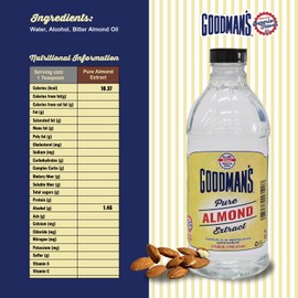 Goodman's Pure Almond Extract - Gluten-Free, Non-GMO, Kosher, Low Carb & Low Calorie - Ideal for Baking, Cooking, and Beverages - No Artificial Colors, No Animal Products, No Sugar (16oz Bottle)