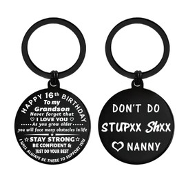 ENGZHI Grandson 16th Birthday Gifts Boys, Happy 16 Year old Birthday Decorations from Nanny, Metal Engraved Keyring