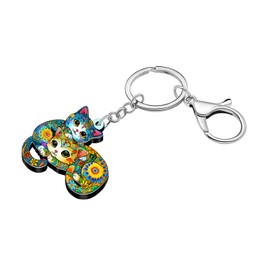 WEVENI Acrylic Bohemian Aesthetic Cat Keychain Kitten Keyring Accessories Boho Print Cat Lover Gifts for Women Girl Bag Charm (Multicolor)