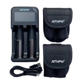 NTHPO One Speedy Intelligent Charger with Two Battery Storage Bags, LCD Display Charger for Rechargeable Li-ion 18650 18490 18350 16340(RCR123) 14500 10440,Ni-MH A AA AAA Batteries(2 Slots)
