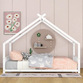 Metal Montessori Floor Bed Frame Full Size, Montessori Bed with Headboard and Footboard, Full Size House Floor Beds with Slats Support, Easy Assemble, White