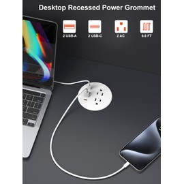 Desktop Power Grommet 3 inch with PD20W USB C Ports 2 AC Outlets,Recessed Power Grommet Outlet Fast Charging Station,Desk Hole Grommet Outlets,Round Deskt Grommet Outlet for Office,Home (White)