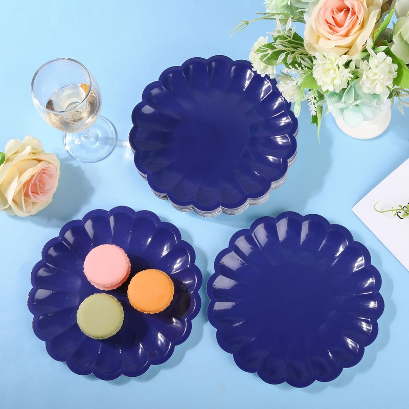 AllReal 48 Pcs Navy Blue Scalloped Disposable Party Paper Plates