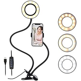 Selfie Ring Light with Cell Phone Holder for Live Stream/Makeup,3 Color Modes Eye Protection Kids Desk Lamp Book Light, 360 ° Flexible Gooseneck for Clip on Reading Lights,LED Vanity Mirror Light