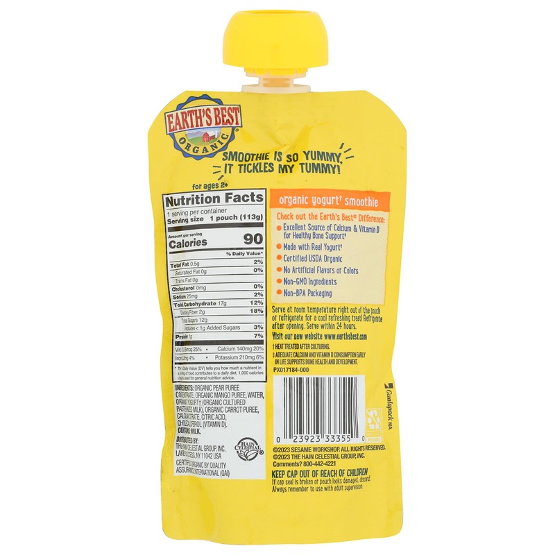 Earths Best Organic Pear Mango Carrot Bone Support Smoothie, 4