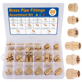 KOOTANS 66PCS Brass Pipe Fittings Assortment Kit NPT Adapter Fitting, Reducer Bushing, Hex Nipple, Reducing Hex Coupling, Pipe Head Brass Plug Kit