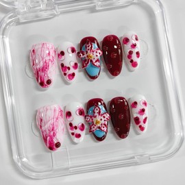 Handmade Press on Nails Almond Medium 3D Floral Thick Acrylic Fake Nails False Nails with Flower Water Drop Ink Smudge Designs Red Sturdy Nail Art Press on Nails 10Pcs(S)