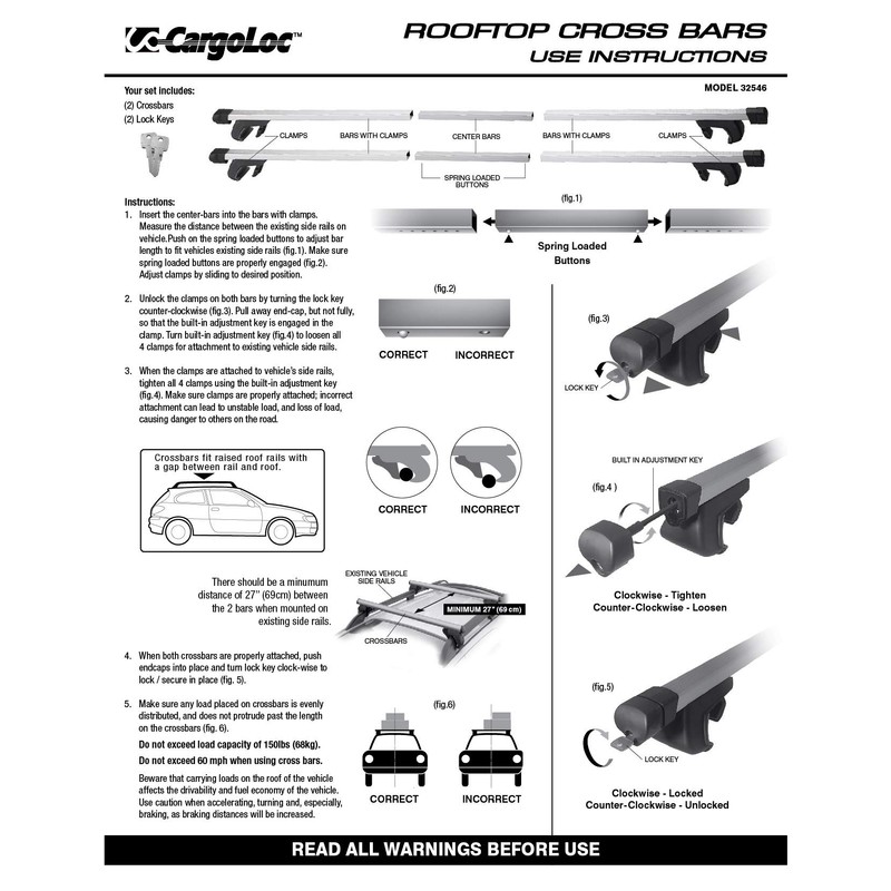 CargoLoc 2-Piece 60" Collapsible Aluminum Roof Top Cross Bar Set