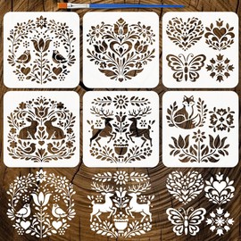 FINGERINSPIRE 6PCS Folk Plants and Animals Painting Stencil with a Brush 20x20cm Classic Floral Symmetrical Stencils Reusable Painting Stencil Flowers Birds Templates for DIY Accent Wall Floor