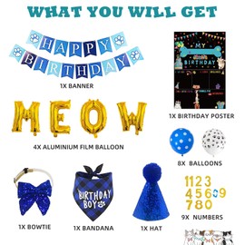 Cat Kitten Birthday Bandanas Cat Birthday Party Supplies Party Hat Boy with Cat Birthday Banner Balloons Meow Letter Foil Balloons for Boy Cat Kitten Birthday Decorations