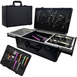 Professional Barber Case(16.5 x 7.2 x 11.8 inches), Barber Suitcase with Acrylic Sliding Tray,Barber Cases for Clippers and Supplies,Barber Clipper Case with Combination Lock (Black)