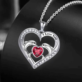Emma Manor EM 14k White Gold Plated 5A Heart Cubic Zirconia Engraved I Love You Dolphin Heart Pendant Necklace for Women,19nich Cable Chain Romantic Jewelry for Her (Red)