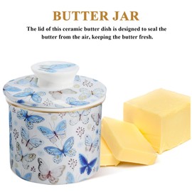 LEAZUL Ceramic Butter Dish With Gold Butterfly Floral Print,Cute Flower French Butter Crock for Counter With Water Line Butter Container Keeper Storage Fresh Spreadable Butter with Lid for Home Décor