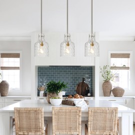 WILON WILON Modern Glass Pendant Lighting for Kitchen Island, Farmhouse Pendant Lights for Dining Room Kitchen Sink, Adjustable Hanging Ceiling Light 7" Hammered Glass Shade, Brushed Nickel Metal Finish