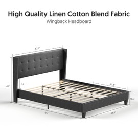 BONSOIR Queen Size Dark Grey Bed Frame Upholstered Traditional Low Profile Platform with Wing Back Headboard Linen Fabric Upholstery/(Dark Grey, Queen Size)
