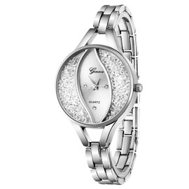 Weicam Women's Diamond Wristwatch Bangle Bracelet Jewelry Set Analog Quartz Wrist Watch for Ladies (Silver)