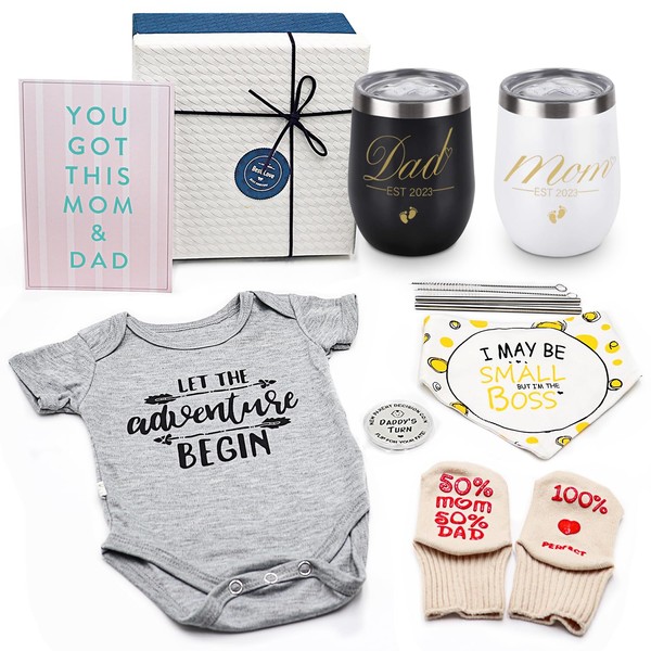Pregnancy Gifts for First Time Moms Dad, Mommy and Daddy Est 2023 Stainless Steel Wine Tumbler Set with Onesie Baby Socks Drool Bib and Decision Coin - Top New Parents Gifts Idea for Gender Reveal