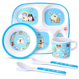 5-Piece Kids Melamine Dinnerware Set Divided Plate, Bowl, Cup, Fork & Spoon BPA-Free, Cartoon Animal Design for Toddlers & Children (Puppy Band)