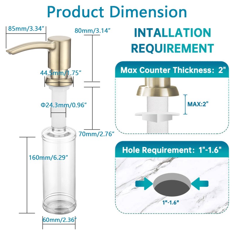 BZOOSIU Kitchen Sink Soap Dispenser, Built in Countertop ABS Pump