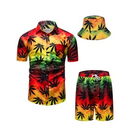 TUNEVUSE Men’s Hawaiian Shirt and Shorts, 2-Piece Set, Tropical, Floral Print, Buttoned Beach Set with Hat