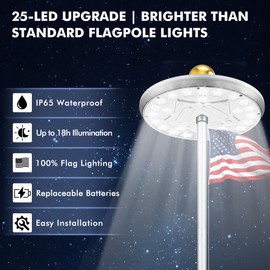 PPQ Solar Flag Pole Light, High-Lumen 25 LED Flag Pole Light Solar Powered, Up to 18 Hours Focused Flag Lighting for Outdoor 15-25 Ft Poles, 100% Coverage, Waterproof Dusk to Dawn Auto On/Off, Silver