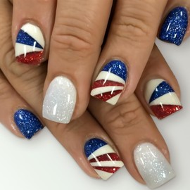 4th of July Press on Nails Short Square Fake Nail Independence Day False Nails with Red White Blue Glitter Stripe Designs Stick on Nail Acrylic Patriotic Artificial Glue on Nail for Women Girls 24 Pcs