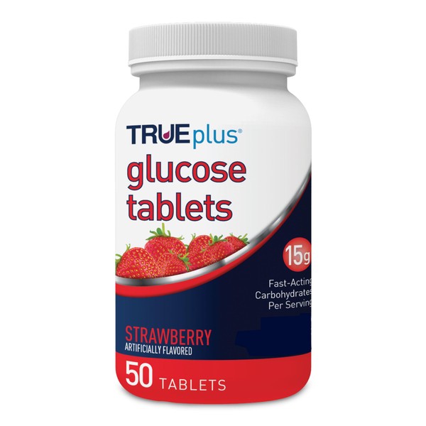 TRUEplus® Tabletas de glucosa, sabor a fresa, botella de 50 unidades