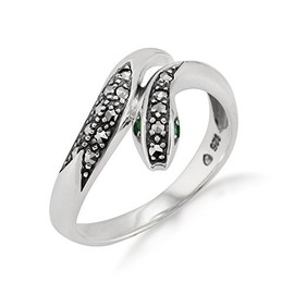 925 Sterling Silver Art Nouveau Emerald & Marcasite Snake Ring