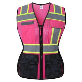 JKWEARSA Women Safety Vest, Multi Pockets High Visibility Reflective Breathable Mesh Work Vest For Lady, Durable Zipper,Rainbow Pink,X-Small