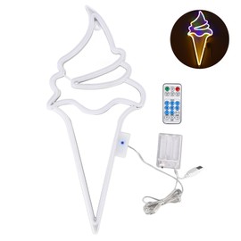 LED Neon Light Ice Cream Waterproof Battery USB Powered Hangable Decorative Remote Control Neon Sign for Home Party(Colorful Warm White )