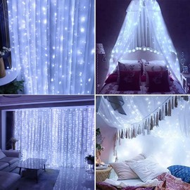 Lezonic Curtain String Light Waterproof, 3m×3m 300LED 8 Modes Remote Control Timer Adjustable Brightness,Curtain Fairy Light Plug in for Bedroom, Garden, Party, Wedding, Christmas (Cold White)