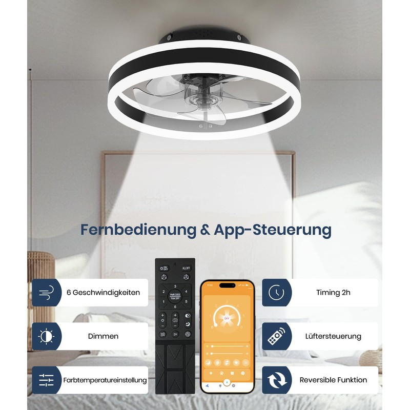 Nalezuns Ventilator Deckenleuchte, LED Deckenventilator für die Fernbedienung unter den