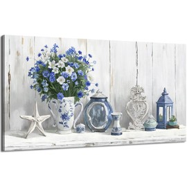 Nicetop Large Coastal Wall Art – Blue and White Floral Artwork, Rustic Farmhouse Canvas Prints with Flowers, Lantern and Ceramics Vintage Country Cottage Picture for Living Room Bedroom Kitchen 48x24 Inch