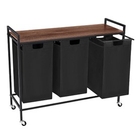 Laundry Sorter 3 Section, Rolling Laundry Hamper with Shelf, 3 Compartment Laundry Basket with Lid, Organizer Rustic Wooden Top