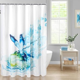 Blue Dragonfly Landing Lily Pad Shower Curtain, Watercolor Animal and Plant Shower Curtain, 72 "W x 72 "H with 12 Hooks, Waterproof Shower Curtain for Bathroom Decor, Polyester Fabric Shower Curtain.