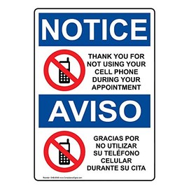 ComplianceSigns.com Notice No Cell Phone During Appointment English + Spanish OSHA Safety Label Decal with Symbol, 5x3.5 in. 4-Pack Vinyl