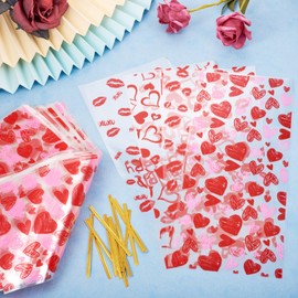 Cheriswelry 100Pcs Cellophane Treat Bags Candy Cookie Goodie Bags with Twist Ties Clear Heart Pattern Favor Bags 27.8x12.5cm for Holiday Party Gift Wrap Accessory