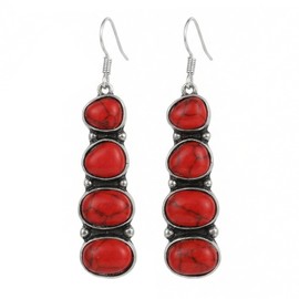 Red Western Jewelry for Women - 4-Tier Red Turquoise Jewelry Dangle Drop Earrings, Vintage Silver Southwestern Long Stone Earrings, Bohemian Cowgirl Earring for Rodeo Party