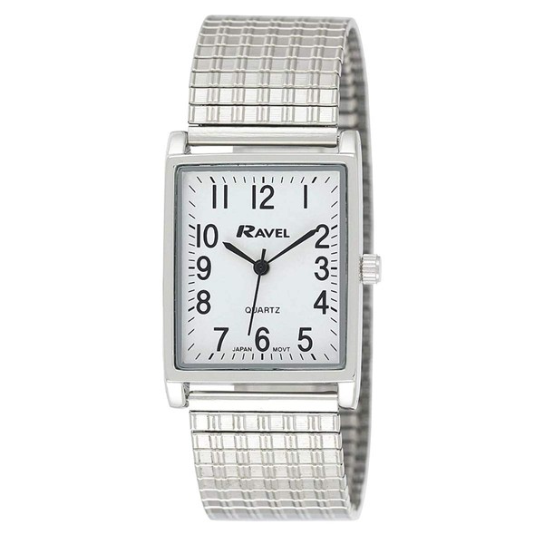 Ravel Gents White Rectangle Dial Silvertone Expander Bracelet Strap Dress